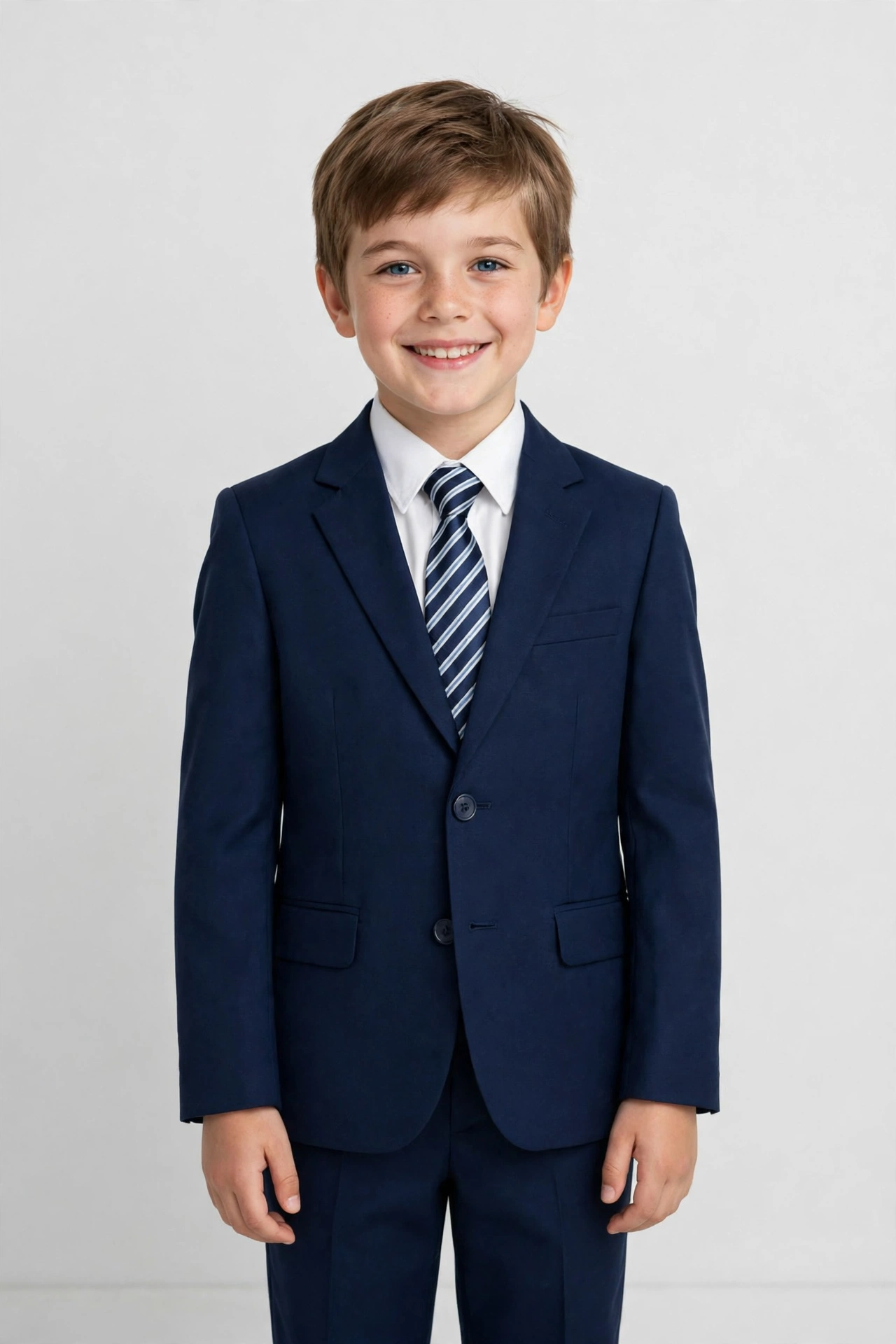 Young boy wearing a navy blue boys' suit with a striped tie