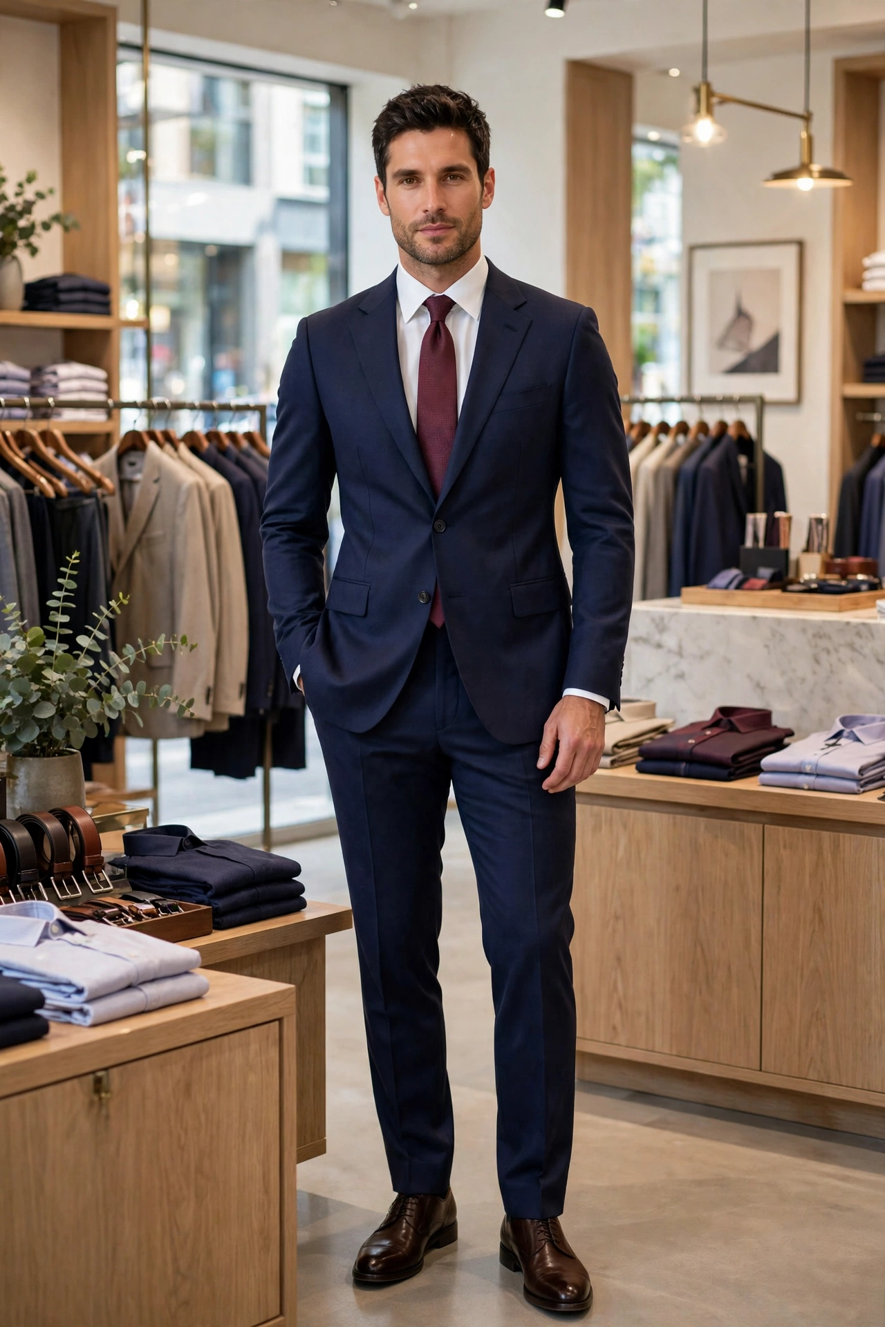 Man wearing a navy two-piece suit with a burgundy tie in a suit store