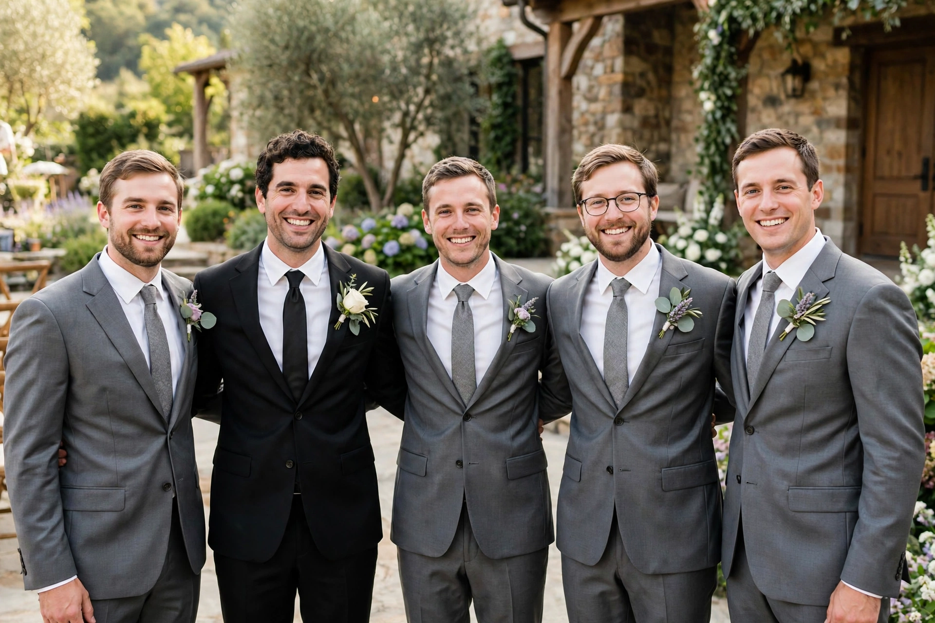Four groomsmen in matching grey suits with a groom in black at an outdoor wedding